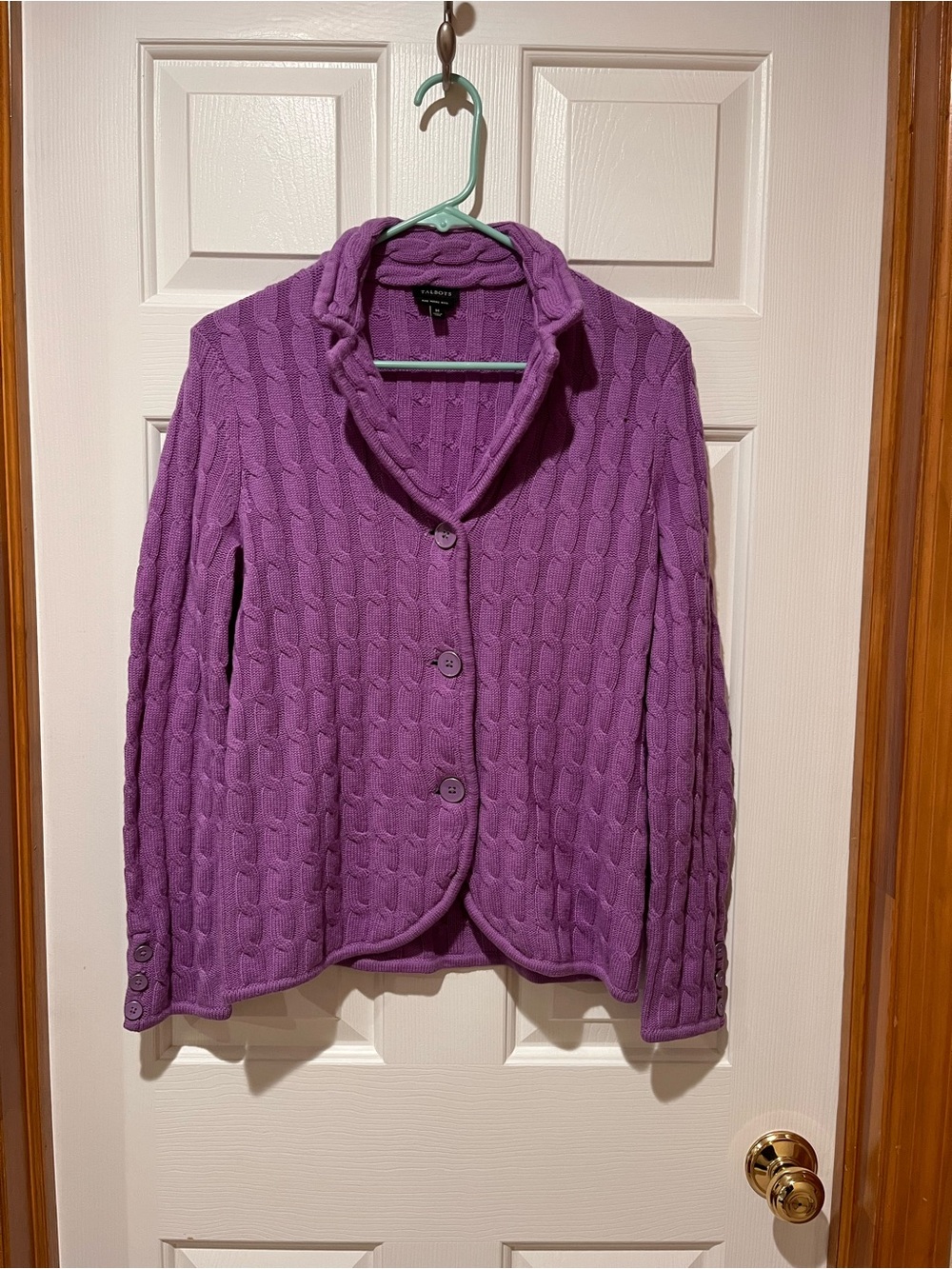 Talbots Cable Knit Cardigan Sweater Purple Merino Wool Size Medium